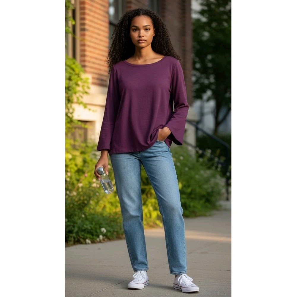 Eileen Fisher‎ Tunic Top Womens Purple Boat Neck Viscose Jersey Knit SZ XXS #424
